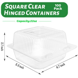 100 Pack Clear Plastic Square Hinged Food Containers,Disposable To Go Container Dessert Clamshell Take Out Tray with Tape for Cookies,Fruits,Salads,Sandwiches,5.3 x 4.7 x 2.7 Inch