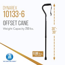 Dynarex Offset Cane, Provides Mobility Support with Offset Handle and Includes Wrist Strap, Anodized Aluminum, 250 lb. Weight Capacity, Black, 6 Canes