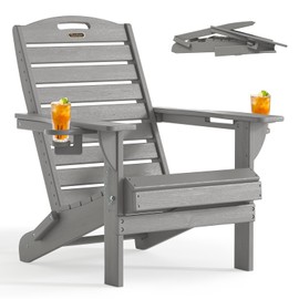 SUUNYN Adirondack Chair Folding HDPE Adirondack Chairs with Cup Holder, Outdoor Fire Pit Chairs All-Weather Lawn Chair for Deck Patio Garden (Grey)