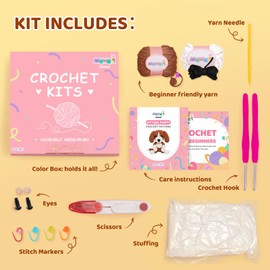 Mewaii Kit de ganchillo para principiantes, kit de inicio de ganchillo con tutoriales en video paso a paso, kit completo de animales de ganchillo con más del 40% de contenido de hilo preiniciado,