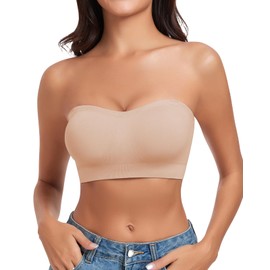 WOWENY Women's Strapless Bra Non-Slip Silicone Wireless Bandeau Bras with Support Seamless Padded Bralette Tube Top Bra Beige S
