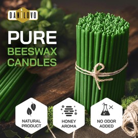 Danilovo Pure Beeswax Candles - No-Drip, Smoke-Less, Tall, Thin Taper Candles – Decorative Candles for Church Prayer, Decor or Birthday Candles – Honey Scented Candles – 7.3”x0.24” (Green, 50pcs)