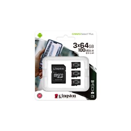 Kingston Canvas Select Plus microSD Card SDCS2/64 GB-3P1A Class 10 (3 x cards, SD Adapter Included)