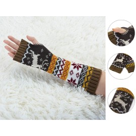 Allegra K Women's Fingerless Glove Winter Knit Thumb Elbow Length Arm Warmers Flat Size:30x8cm/11.8x3.14(L*W) Light Taupe-Deer