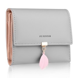 FT FUNTOR PU Leather Wallet for Women RFID-Blocking, Ladies Bifold Leaf Pendant Coin Zipper Small Purse with 5 Card Slots and 1 ID Window Card Holder Organizer (Grey)