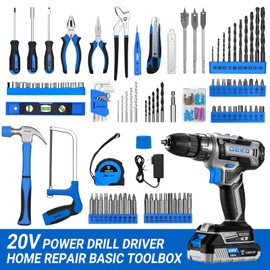 Blue Drill Tool Kit Set: 20V Cordless Power Drill Tool Box with Battery Electric Drill Driver for Men Home Hand Repair Basic Toolbox Tools Sets Drills Case