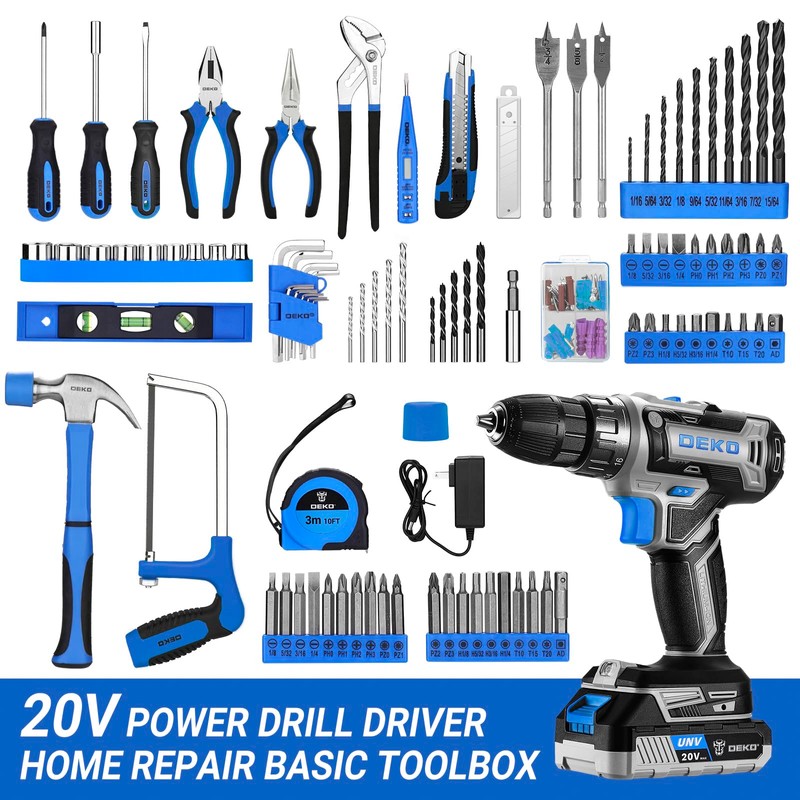 Blue Drill Tool Kit Set: 20V Cordless Power Drill Tool