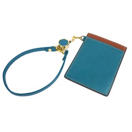 Emono Pass Case with Reel, Commuter Pass Case, Strap, IC Card, Key Chain, Genuine Leather, Cowhide Leather, Stretchable, Security, turquoise (turquoise blue)