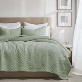 palassio Sage Green 100% Cotton Quilt King Size Bedding Sets with 2 Pillow Shams, Lightweight Textured Farmhouse Country Bedspread Soft Shabby Chic Patterned Coverlet for All Season, 3 Pieces