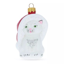 BESTPYSANKY White Cat In Santa Hat Glass Christmas Ornament