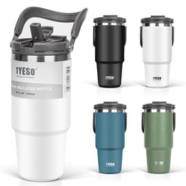 TYESO Tumbler with Straw, 33.1 fl oz (1,050 ml), Coffee Water Bottle, Thermos Flask, Hot and Cold Insulation, Kettle with Handle, Double Walled Construction, Wide Mouth, Large Capacity, Direct