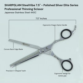 SHARPGLAM 7.5” Hair Thinning Scissors – Professional Texturizing Shears, Japanese 440C Steel, Offset Dragon Spine Handle (SteelVibe Silver)