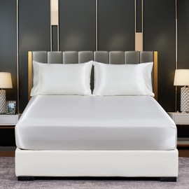 DuShow Satin Fitted Sheet Single White,Silky Deep Pocket Satin Bed Sheet,Breathable Soft Comfortable Satin Bottom Sheets Single,Fitted Sheet Only(White,Single)