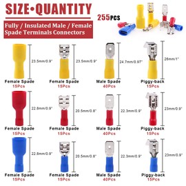 Hilitchi 255Pcs 22-16/16-14/12-10AWG Fully Insulated Female/Male Spade Quick Wire Crimp Terminals Connectors Kit