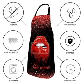 SSCSTS Hello Gorgeous Lips Apron with 2 Pockets, Adjustable Size Bib Aprons for Girls Women Kitchen Cooking Baking Gardening, Red, 26.5x33.1in