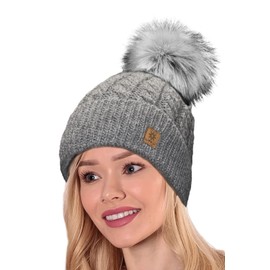 4sold Women's Ladies Beanie Hat Pom Pom Warm Winter Natural Wool Mohair Lining Full Cosy Fleece Liner (Carla Grey)
