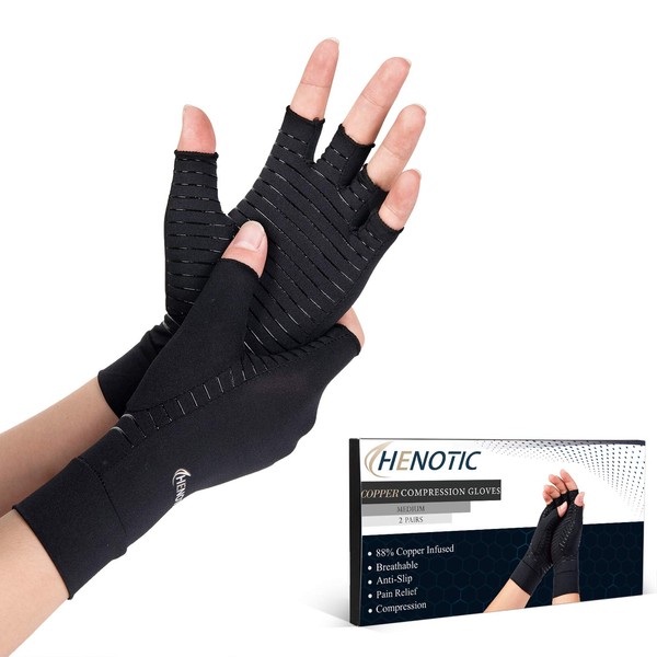 HENOTIC 2 Pairs Copper Arthritis Gloves for Women Men, Fingerless Breathable & Moisture Wicking Arthritis Compression Gloves for Relieving Carpal Tunnel Aches, Rheumatoid Pains, Joint Swell