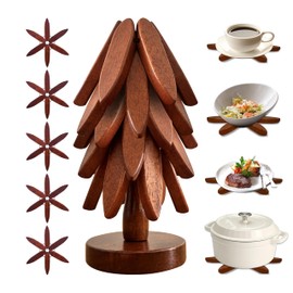 IKIMAKIST Wooden Trivets for Hot Dishes,Decorative trivets,Practical Desktop Decoration, Tree Shaped Ornaments.5 Wooden Trivets + 1 Stand.Anti-Slip to Prevent scalding of Dining Table (Walnut Wood)
