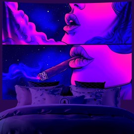AOHMPT Blacklight Tapestry, Glow In The Dark Tapestries, UV Reactive Cool Girl Wall Art, Mushroom Wonderland Tapestry, Rabbits Wall Hanging for Bedroom, Dorm and Living Room Wall Decoration 59L x 51W