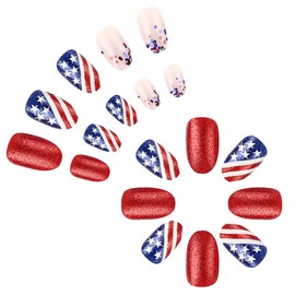 KTAABTR Independence Day Press on Nails Short Fake Nails with Glue American Flag Design Acrylic Nails Glitter False Nails Stick on Nails for 4th of july Glossy Artificial Nails Decoration Set 24Pcs