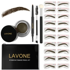 LAVONE Eyebrow Stamp Stencil Kit for Eyebrows, Brow Stamp Trio Kit with Waterproof Eyebrow Pencil, Eyebrow Pomade, 20 Eyebrow Stencils, Dual-ended Eyebrow Brush and Sponge Applicator - Ebony