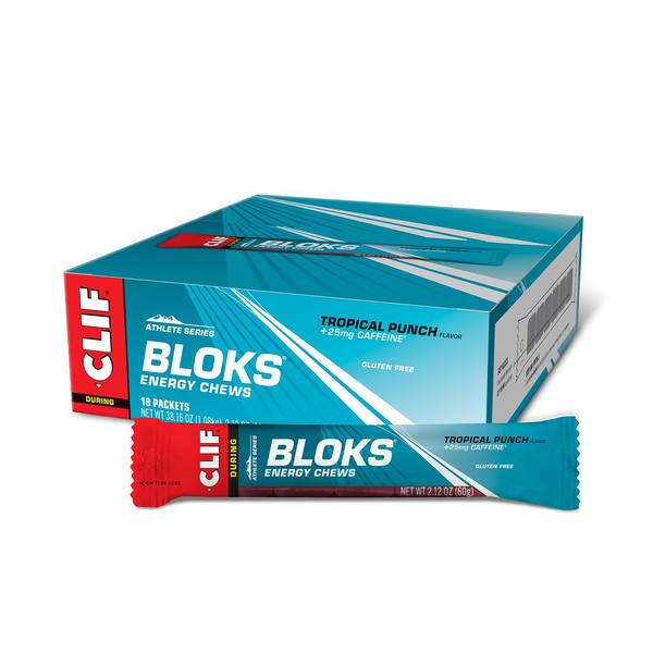 CLIF BLOKS - Tropical Punch Flavor with Caffeine - Energy Chews - Non-GMO - Plant Based - Fast Fuel for Cycling and Running - Quick Carbohydrates and Electrolytes - 2.12 oz. (18 Count)