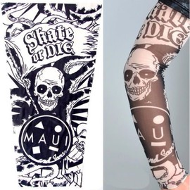 W101 – Model 29 – Wearable Tattoo Sleeves. Fake Tattoo Sleeve Skull Tentacles And Written Skate Or Die Flag. Half Sleeve Tattoo Tribal Channel.