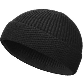 Swag Wool Knit Cuff Short Fisherman Beanie for Men Women, Spring Fall Winter Warm Hats, Trawler Skull Cap, Watch Cap Black