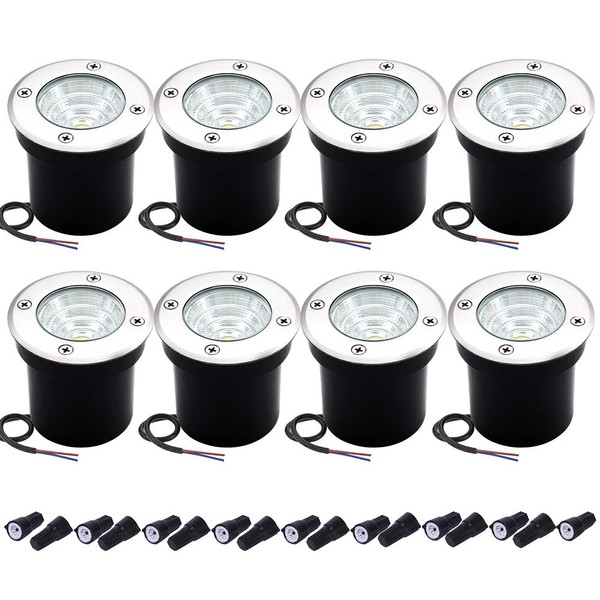 Well Lights Landscape Lighting, Low Voltage Outdoor In Ground Landscape Lights, 5W 12V-24V Waterproof Warm White 3000K Deck Light for Garden, Pathway, Driveway, 8-Pack(Wire Connectors Included)