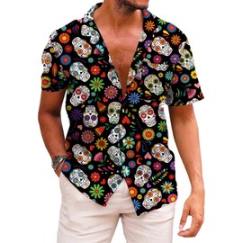 KYKU Skull and Flower Shirt Casual Button Up Shirts for Men, Colourful, Small