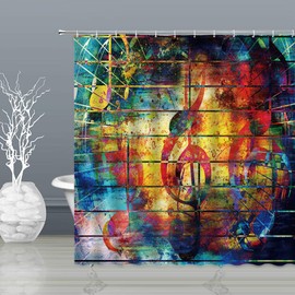 BST Music Note Shower Curtain Colorful Graffiti Creative Plank Stripes Watercolor Art Bathroom Curtains Decor Polyester Fabric Quick Drying 70x70 Inches Include Hooks