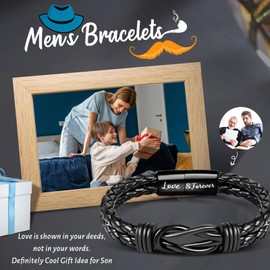 Focxoio Gifts for Son, Son Engraved Bracelet Son Gifts from Mum Dad, Braided Leather Bracelet Gifts for Boys,Jewellery Presents for Son Birthday Christmas Confirmation Graduation
