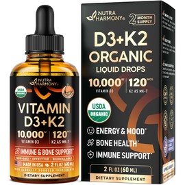 Vitamin D3 K2 USDA Organic Drops - Vitamin D3 10000 IU & K2 as MK-7 120mcg - Immune & Mood Support, Bone & Teeth Health - Sugar-Free Orange Flavor - Liquid Supplement - Made in USA - 2 FL OZ, 60 Days
