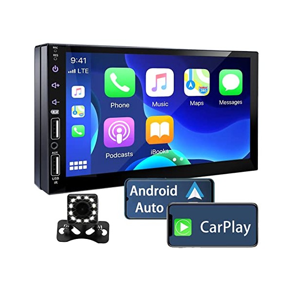 Double Din Car Stereo Compatible with Apple Carplay/Android Auto, 7 Inch Full HD Capacitive Touchscreen - Bluetooth, Backup Camera, Mirror Link, Subwoofer, USB/AUX, FM, Car Radio