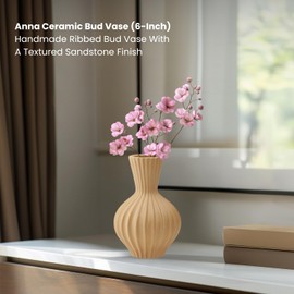 Torre & Tagus 6" Ribbed Ceramic Bud Vase for Flowers - 6 Inch Small Flower Vase & Small Ceramic Vases for Flowers, Handmade Ribbed Bud Vases for Home Decor & Wedding Decor for Table (Anna Sandstone)