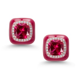 Gem Stone King Made In Italy 18K Rose Gold Plated Silver Red Simulated Ruby Red Enamel Earrings For Women (8MM Cushion, 1/2 Inch)