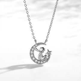 TREENEST Collar Colgante de Luna del Principito, Collar de la Luna y Estrellas con Circonita Cúbica, Cadena de Clavícula, Collares con Colgante de Ajustable, Collares de Joyería para Mujeres 20156S