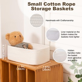 OIASKET 3 Pack Small Storage Baskets for Organizing, Cute Woven Decorative Gift Baskets for Shelves, Mini Closet Organizer Bins with Handles, 11.81''Lx7.87''Wx4.72''H-White
