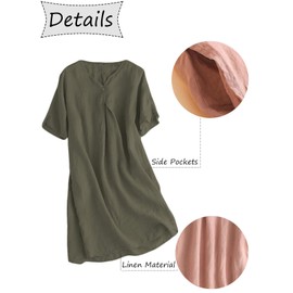 Mallimoda Women's Summer Dress, Linen Dress, V-Neck, Short Sleeve, Midi Dress, Long Tunic Blouse - xl