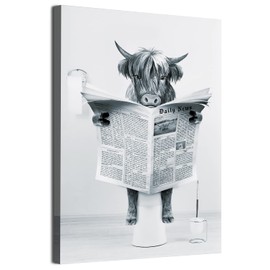 ZFTCN Funny Highland Cow Wall Art in Bathtub, Black and White Canvas Picture for Living Room Bathroom Bedroom Decorative Frameless (Black and White, 30 x 40 cm)