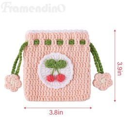 Framendino, Small Crochet Drawstring Pouch Cherry Cute Coin Purse Handmade Knitted Storage Bag for ID Credit Card
