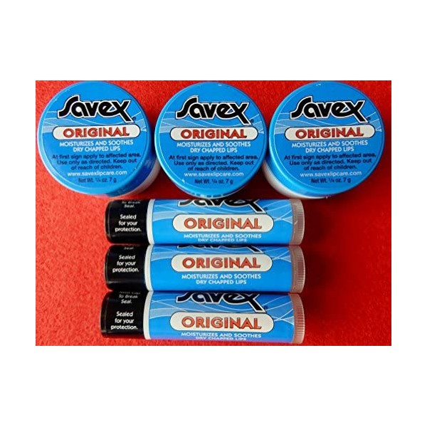 6 X SAVEX 3 ORIGINAL JARS & 3 STICKS LIP BALM FOR DRY & CHAPPED LIPS. MADED IN USA. UP-GRADE TO EXPEDITED MAIL. U.S. SELLER