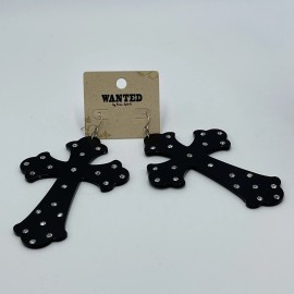Wanted By Free Spirit Extra Large Black Cross Earrings Goth Punk Rock Rhinestones 4"