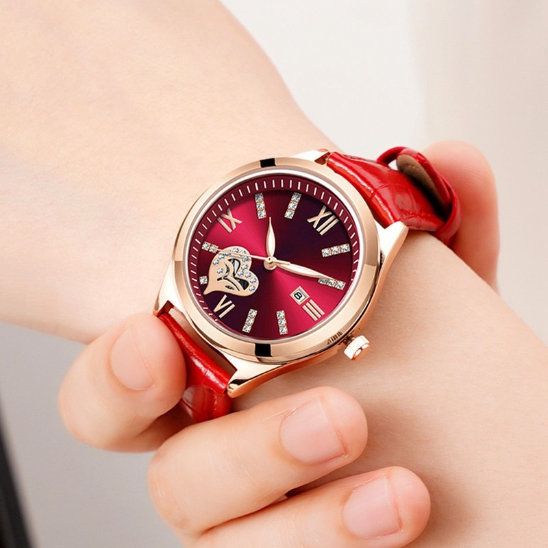 Women Watch Wine Red Mechanical Watch Luminous Waterproof Hollow Heart