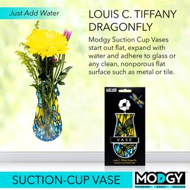 MODGY Expandable Flower Vase Plastic Decorative Modern Vases for Flowers Kitchen Window Decor Living Room Bathroom Office, W/Suction Cup, Louis C. Tiffany Dragonfly, 7.5” x 4”