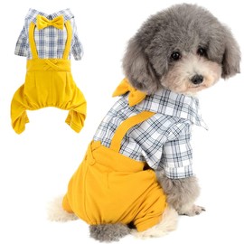Dog Shirts Clothes Striped Onesies, Pet Plaid Overalls Apparel, Puppy Costumes Classic Black and White Jumpsuit with Bowtie for Small Medium Dogs Cats Boy Girl Wedding/Party (X-Large, Yellow)