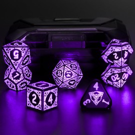 LED Dice Set for DND - Magical Glow Light Up Dice, Rechargeable Polyhedral Dice, Wireless Charging Case & Full 7-Die Set, for D and D RPG Games (Purple)