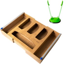 Forest & Twelfth Expandable Bamboo Kitchen Drawer Organizer for Storage Bags, Gallon, Quart, Snack, Sandwich Size, Plastic Wrap & Foil Dispenser with Prep Bag Holder, Eco-Friendly Kitchen Organization