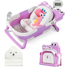 MoreFeel Collapsible Baby Bathtub for Newborn with Thermometer Crocodile Lavender