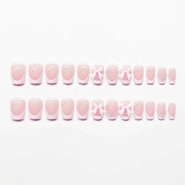 YoYoee Press on Nails -Short French Fake Nails Square False Nails Pearl Bow Nails Tips for Women and Girls 24Pcs